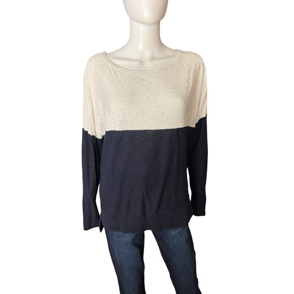 Vince 100% Cotton Navy Grey Colorblock Long Sleeve Lightweight Sweater L - Picture 1 of 6